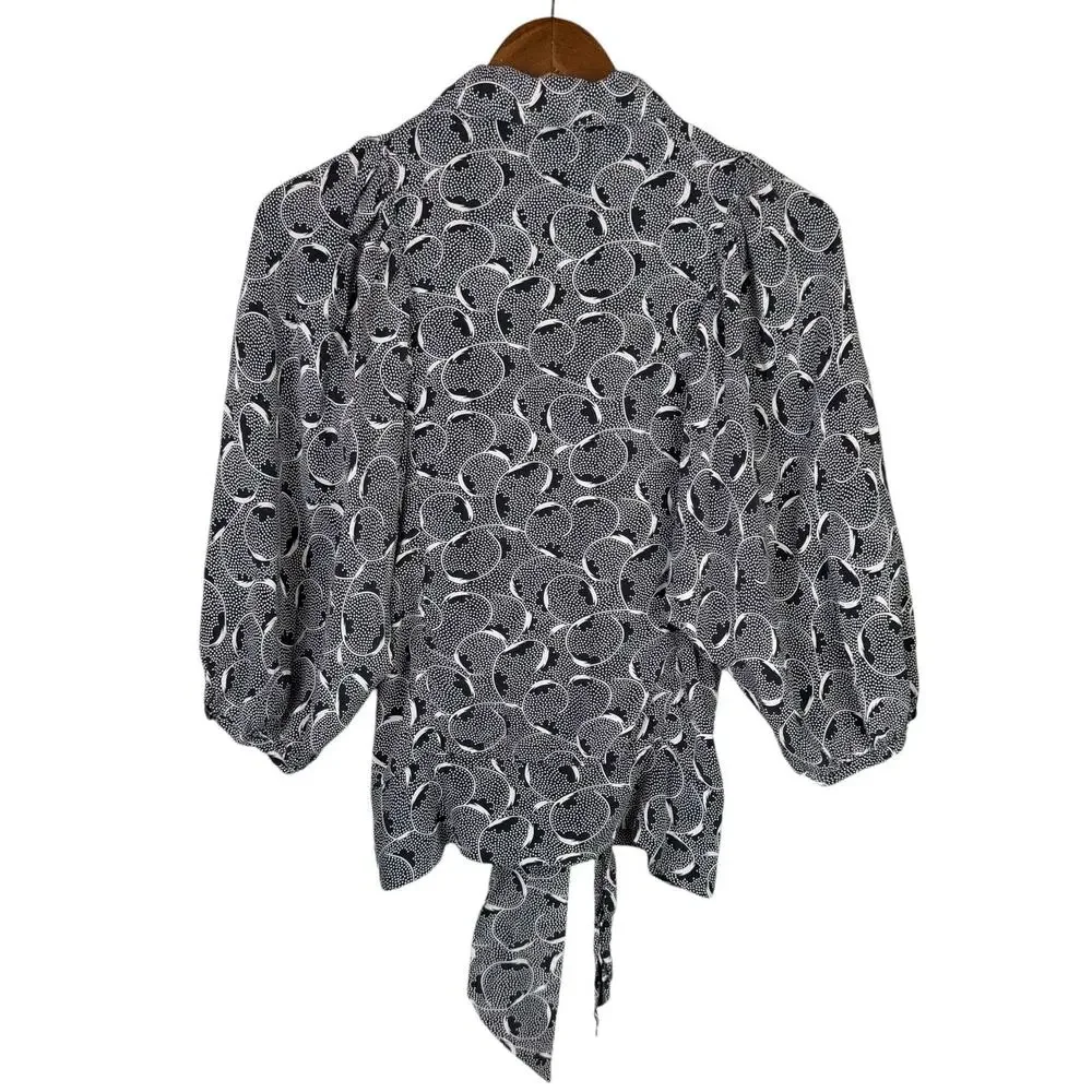 Maple Anthropologie 100% Silk Black White Print Tie Front Relaxed Fit Blouse